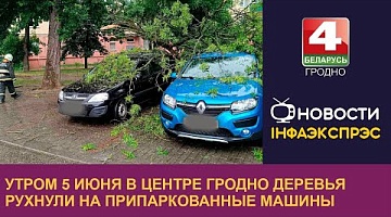 <b>Новости Гродно. 05.06.2024</b>. Утром 5 июня в центре Гродно деревья рухнули на припаркованные машины